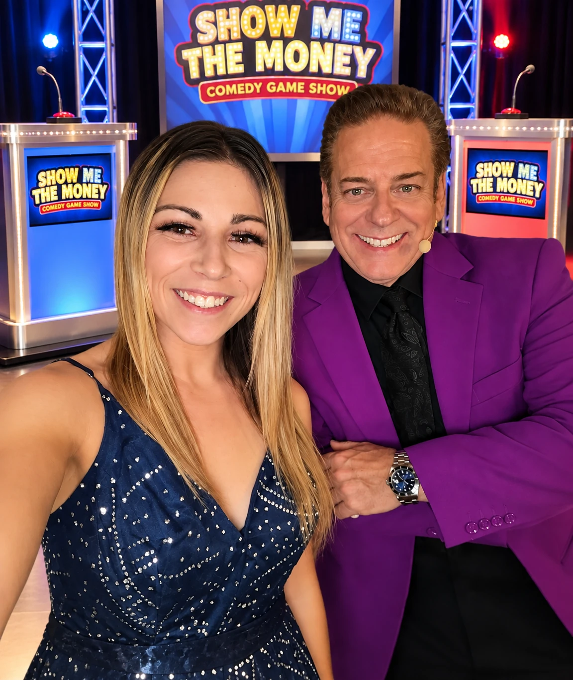 Your Show Me The Money hosts in front of the game-show podiums
